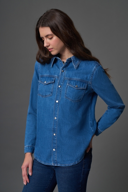 Çıtçıtlı Denim mavi Gömlek - Mizalle (1)