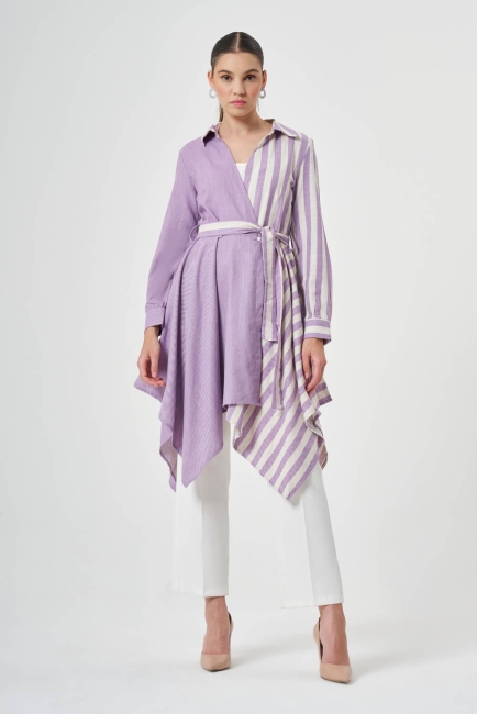 Mizalle Lila Ekru Çizgi Detaylı Kuşaklı Uzun Asimetrik Tunik - Mizalle