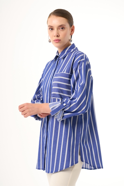 Mizalle Tek Cep Mavi Beyaz Çizgili Pamuklu Gömlek - Mizalle