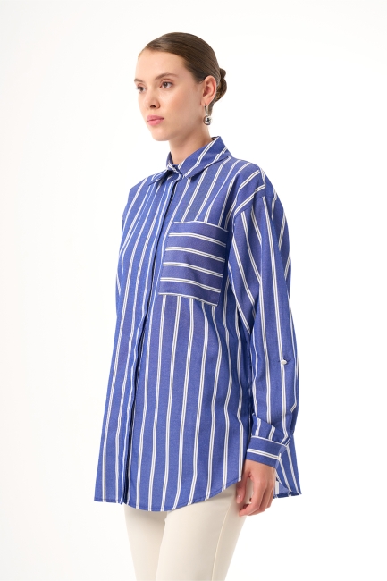 Mizalle Tek Cep Mavi Beyaz Çizgili Pamuklu Gömlek - Mizalle (1)