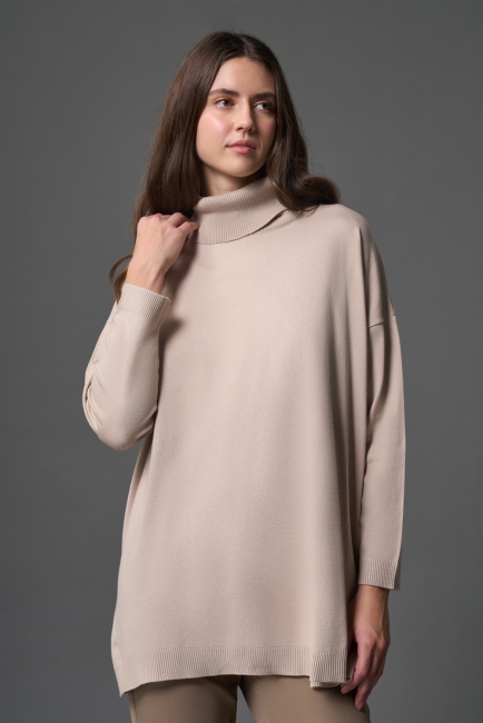 Mizalle Balıkçı Yaka Uzun Oversize Camel Triko Kazak - Mizalle