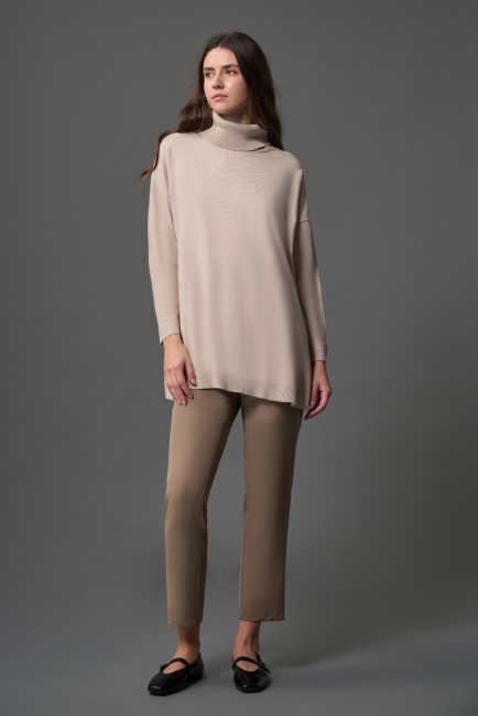 Mizalle Balıkçı Yaka Uzun Oversize Camel Triko Kazak - Mizalle (1)