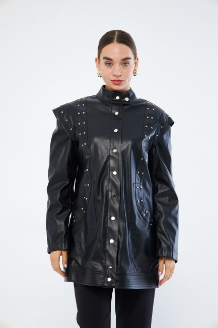 Mizalle Deri Görünümlü Troklu Siyah Tasarım Ceket - Mizalle