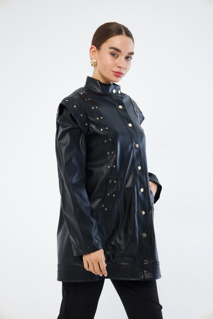 Mizalle Deri Görünümlü Troklu Siyah Tasarım Ceket - Mizalle (1)