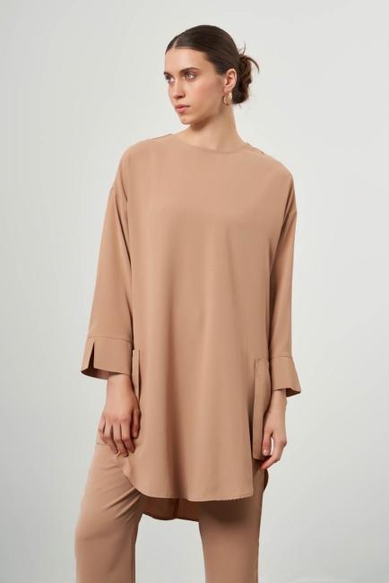 Mizalle Yuvarlak Yaka Cepli Rahat Kalıp Camel Tunik - Mizalle (1)
