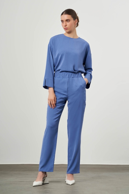 Mizalle Özel Dokulu Mavi Beli lastikli Pantolon - Mizalle