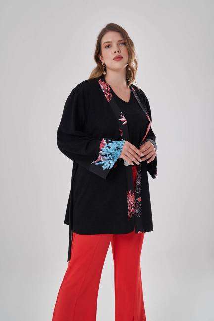 Mizalle Çiçek Deseni Detaylı Siyah Büyük Beden Kimono - Mizalle (1)