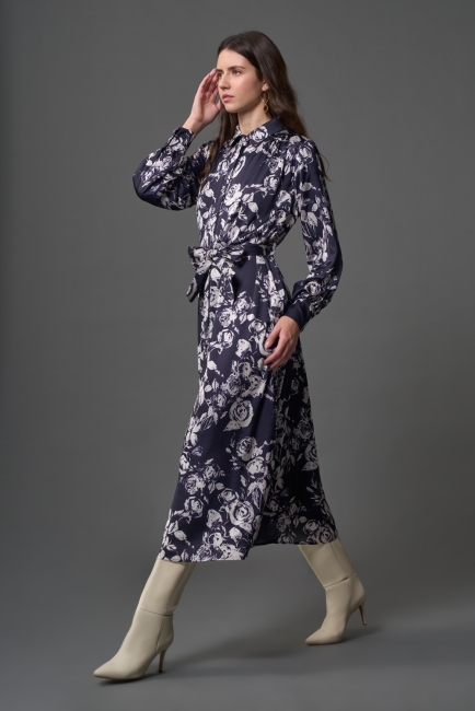 Mizalle Lacivert Desenli Gömlek Yaka Uzun Elbise - Mizalle (1)