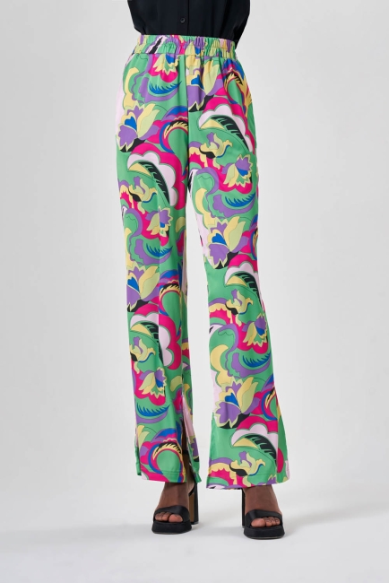 Mizalle Yeşil Desenli Rahat Kesim Bol Paça Pantolon - Mizalle (1)