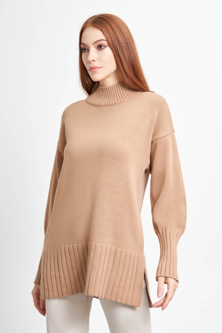 Mizalle Dik Yaka Oversize Camel Uzun Triko Kazak - Mizalle (1)