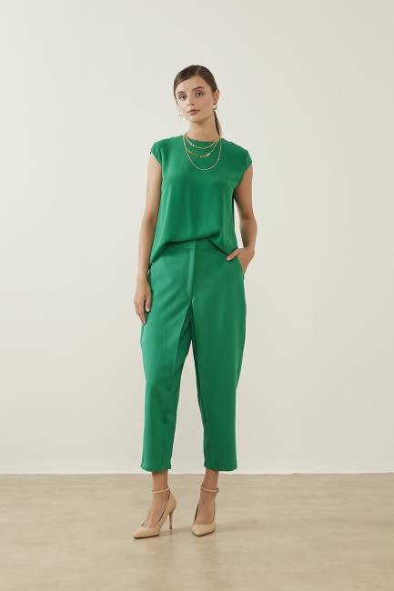 Mizalle Klasik Double Kısa Paça İnce Yeşil Pantolon - Mizalle