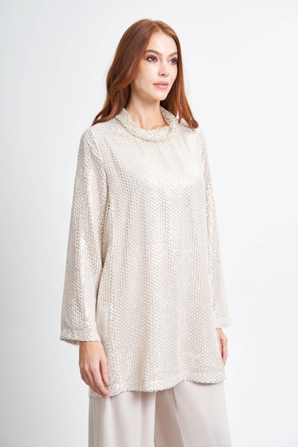 Mizalle Degaje Yaka File Dokuma Taş Rengi Tunik - Mizalle (1)