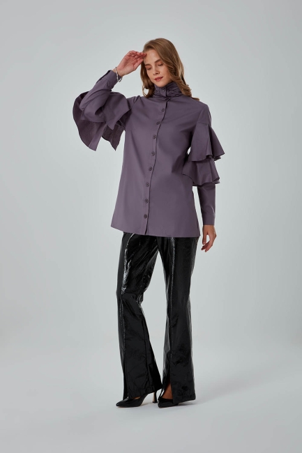 Mizalle Dik Yaka Çift Volanlı Kol Detaylı Gri Rahat Kesim Gömlek - Mizalle (1)