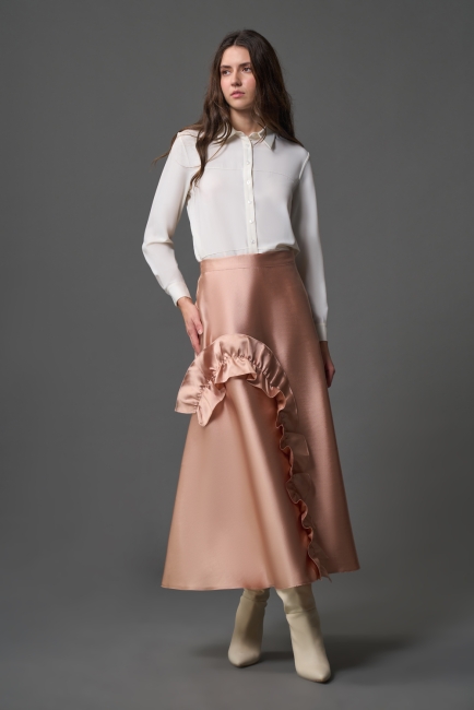 Mizalle Fırfır Detaylı A Kesim Uzun Pudra Pembe Saten Etek - Mizalle