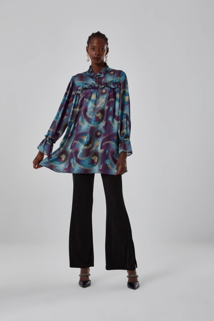 Mizalle Fırfırlı Yakalı Mavi Desenli Tunik - Mizalle (1)