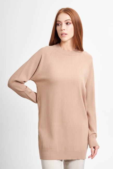 Mizalle Camel Kanallı Örme Yuvarlak Yaka Uzun Triko Kazak - Mizalle (1)