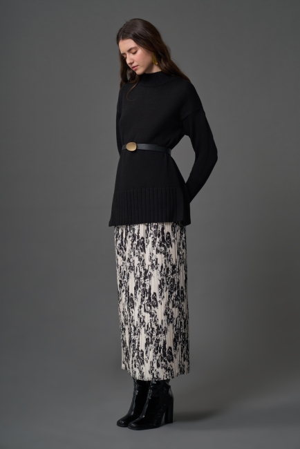 Mizalle Full İnce Piliseli Bej Desenli Uzun Etek - Mizalle