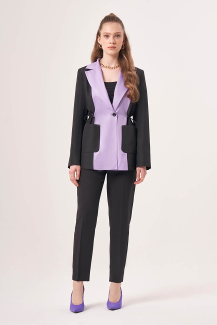 Mizalle Beli Büzgülü Siyah Lila Renk Bloklu Blazer Ceket - Mizalle