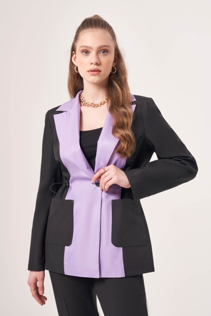 Mizalle Beli Büzgülü Siyah Lila Renk Bloklu Blazer Ceket - Mizalle (1)