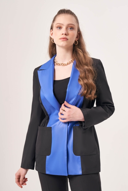 Mizalle Beli Büzgülü Siyah Mavi Renk Bloklu Blazer Ceket - Mizalle (1)
