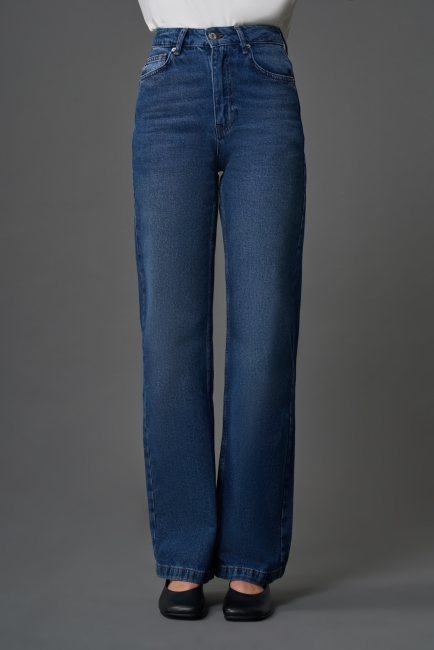 Mizalle Dar Kalıp Geniş Paça Koyu Mavi Denim Pantolon - Mizalle (1)