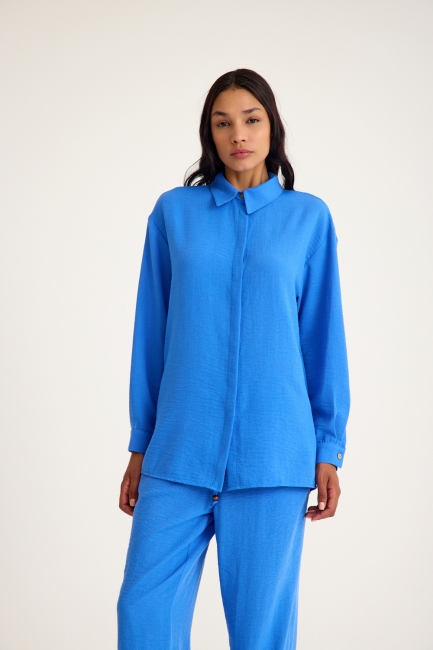 Mizalle Keten Dokulu Yazlık Rahat Kesimli Mavi Gömlek - Mizalle