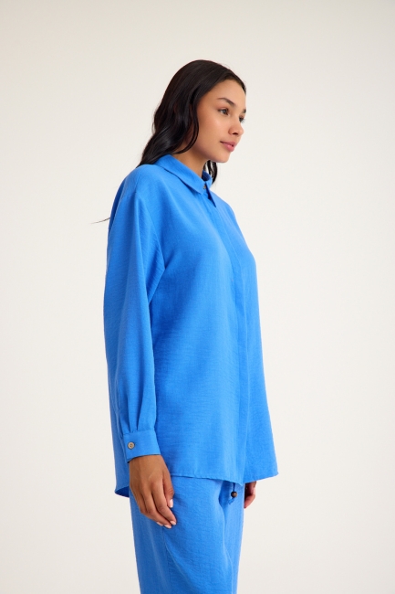 Mizalle Keten Dokulu Yazlık Rahat Kesimli Mavi Gömlek - Mizalle (1)