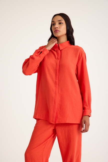 Mizalle Keten Dokulu Yazlık Rahat Kesimli Nar Çiçeği Gömlek - Mizalle