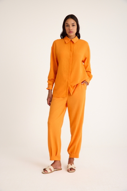 Mizalle Keten Dokulu Yazlık Rahat Kesimli Turuncu Gömlek - Mizalle (1)