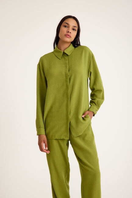 Mizalle Keten Dokulu Yazlık Rahat Kesimli Açık Yeşil Gömlek - Mizalle