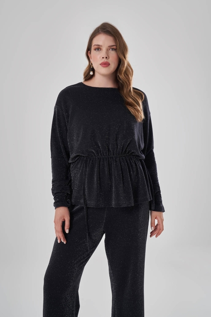 Mizalle Siyah Sim Dokulu Beli Büzgülü Büyük Beden Siyah Tunik - Mizalle