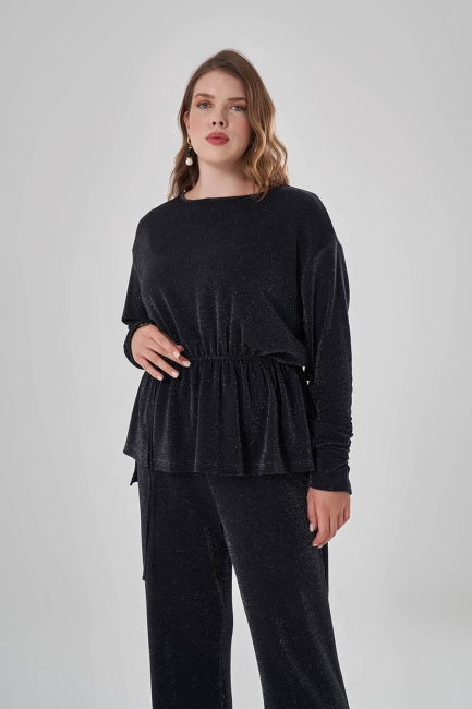 Mizalle Siyah Sim Dokulu Beli Büzgülü Büyük Beden Siyah Tunik - Mizalle (1)