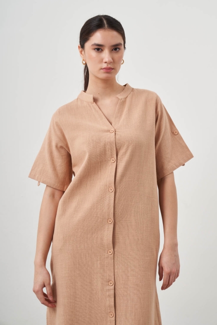 Mizalle Hakim Yaka Keten Görünümlü Camel Kısa Kollu Uzun Yazlık Elbise - Mizalle (1)