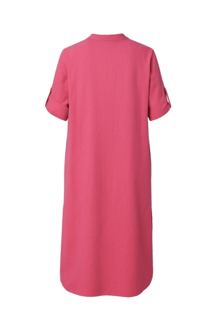 Mizalle Hakim Yaka Keten Görünümlü Fuşya Kısa Kollu Uzun Yazlık Elbise - Mizalle (1)