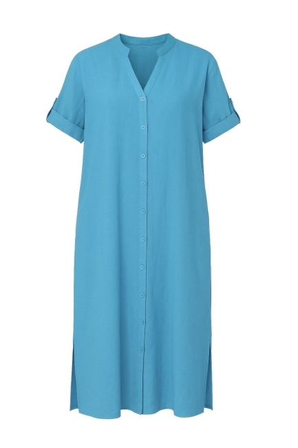 Mizalle Hakim Yaka Keten Görünümlü Mavi Kısa Kollu Uzun Yazlık Elbise - Mizalle