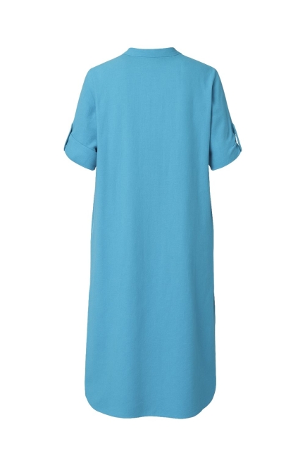 Mizalle Hakim Yaka Keten Görünümlü Mavi Kısa Kollu Uzun Yazlık Elbise - Mizalle (1)