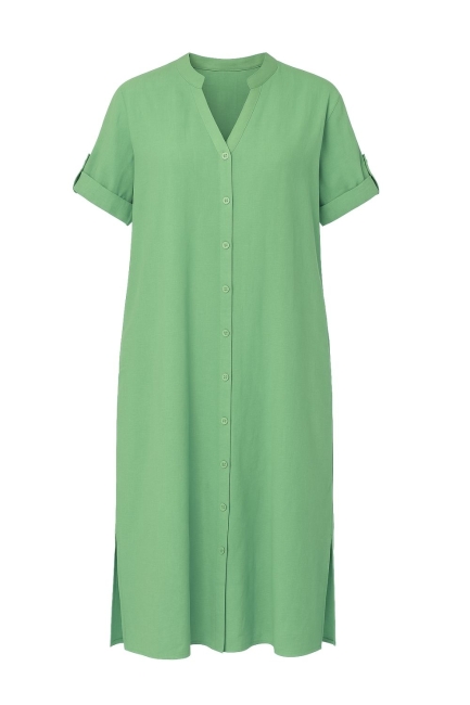 Mizalle Hakim Yaka Keten Görünümlü Yeşil Kısa Kollu Uzun Yazlık Elbise - Mizalle