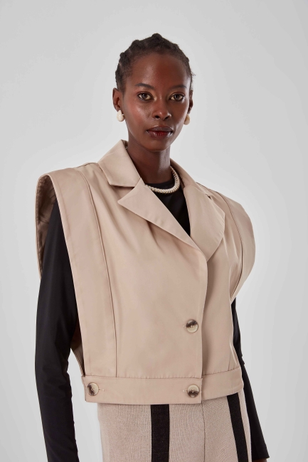 Mizalle Geniş Kesim Kısa Bej Rengi Tasarım Yelek - Mizalle (1)