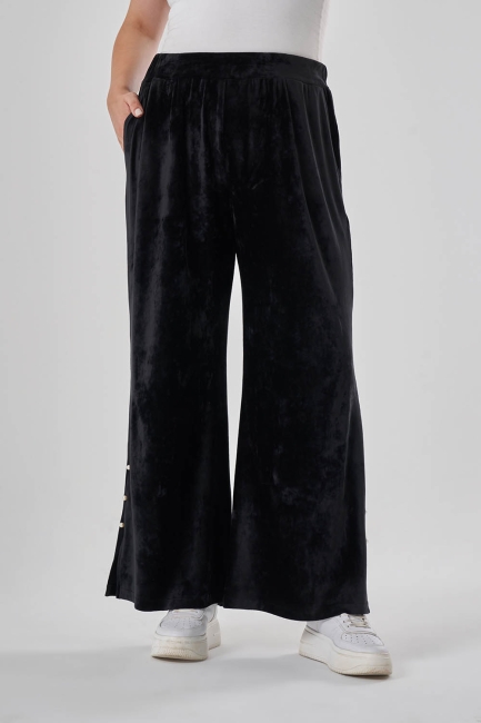 Mizalle İnci Detaylı Siyah Kadife Bütük Beden Pantolon - Mizalle (1)