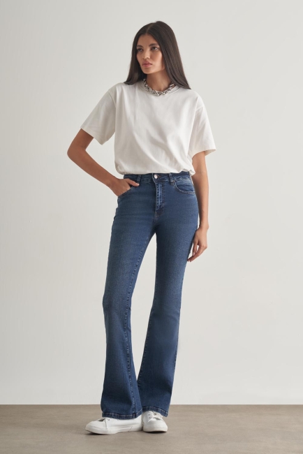 Mizalle Skinny Fit Flare Paça Koyu Mavi Denim Pantolon - Mizalle