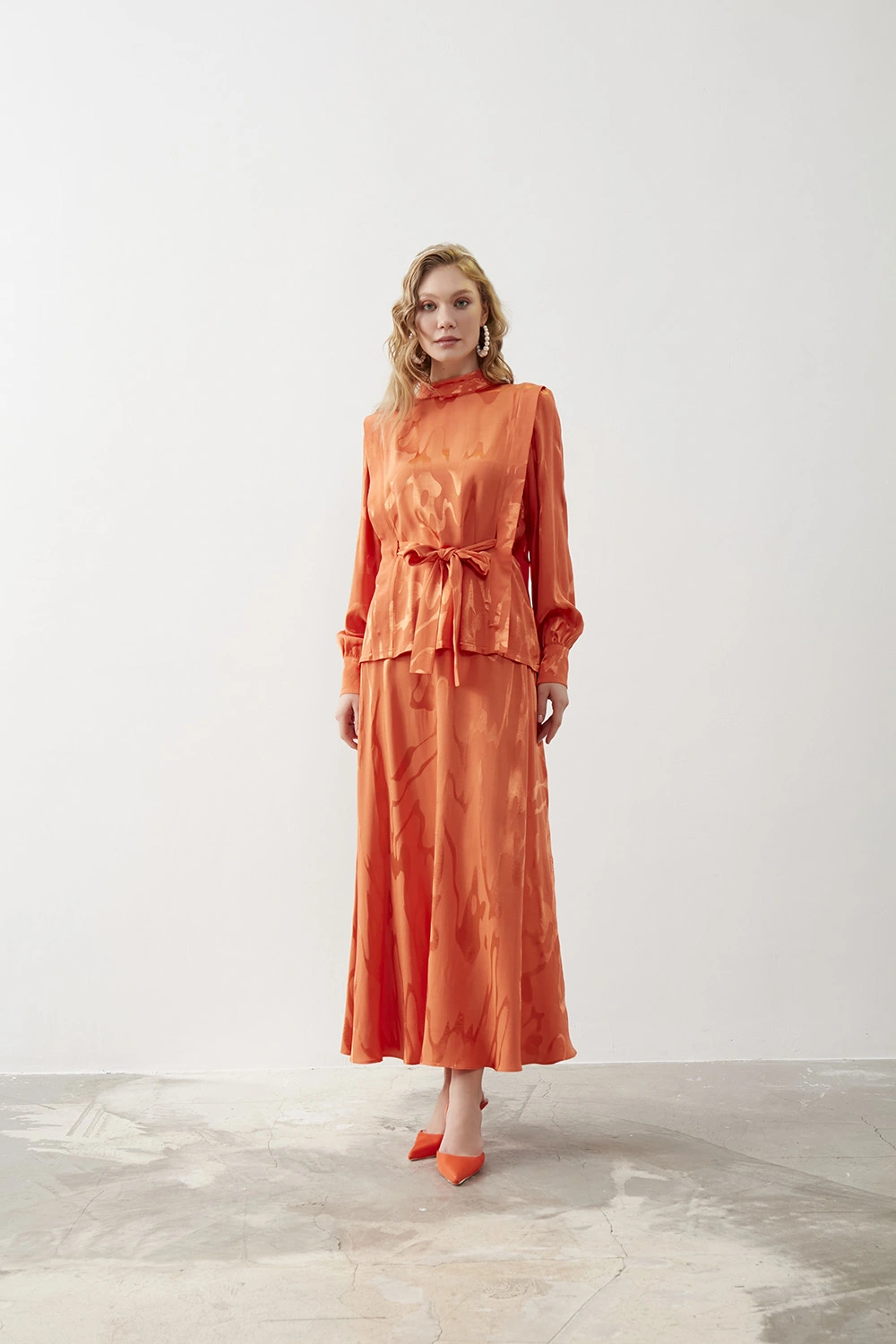 Mizalle Desen Jakarlı Uzun Turuncu Etek - Mizalle (1)