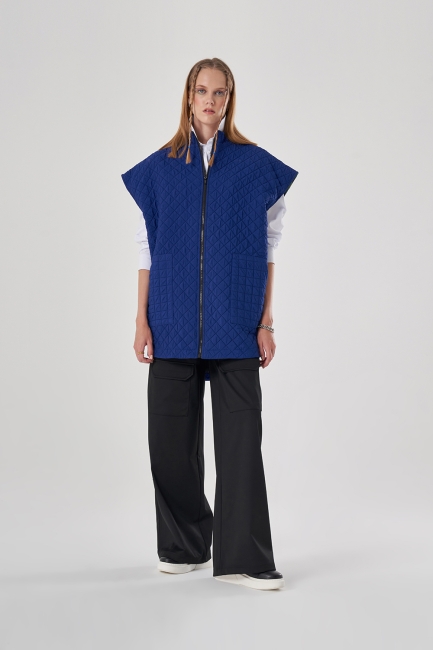 Mizalle Kapitone Oversize Saks Mavisi Yelek - Mizalle (1)