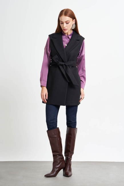 MizalleCeket Yaka Kaşe Dokulu Siyah Kemerli Yelek - Mizalle (1)