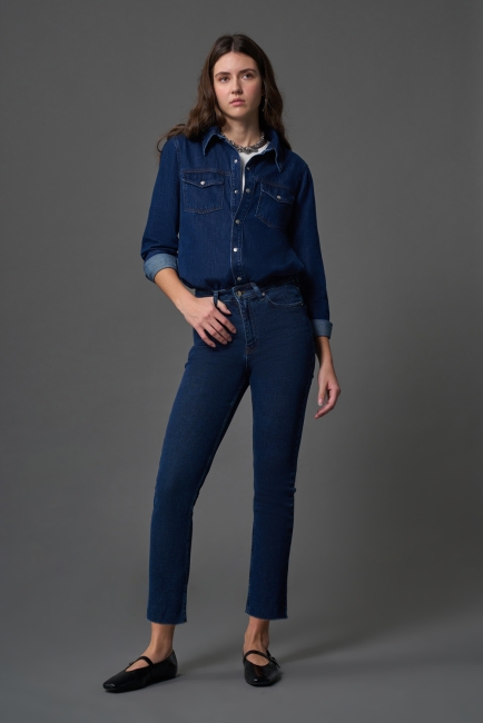 Mizalle Dar Kesim Kesik Paçalı Mom Fit İndigo Mavi Denim Pantolon - Mizalle (1)