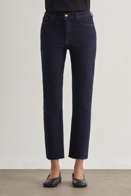 Mizalle Dar Kesim Kesik Paçalı Mom Fit Lacivert Denim Pantolon - Mizalle (1)