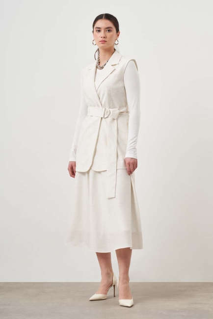 Keten Doku Pile Ekru Etek - Mizalle