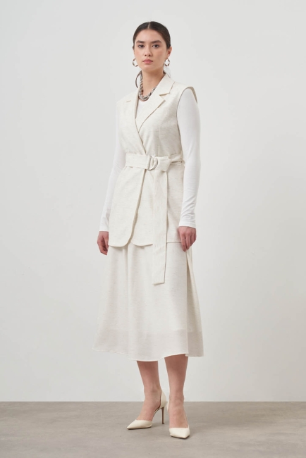 Mizalle Keten Dokulu Kemerli Ekru Yelek - Mizalle