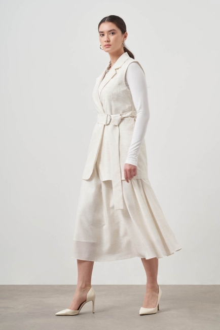 Mizalle Keten Dokulu Kemerli Ekru Yelek - Mizalle (1)