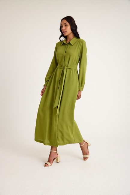 Mizalle Keten Görünümlü Kuşaklı Yeşil Uzun Gömlek Elbise - Mizalle (1)