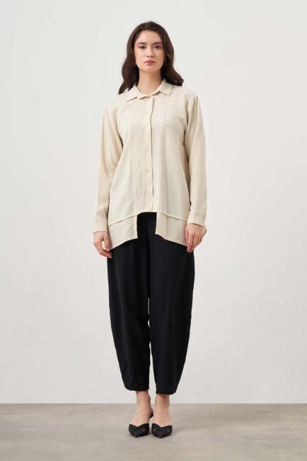 Mizalle Kat Detaylı Bej Rengi Keten Görünümlü Tunik - Mizalle